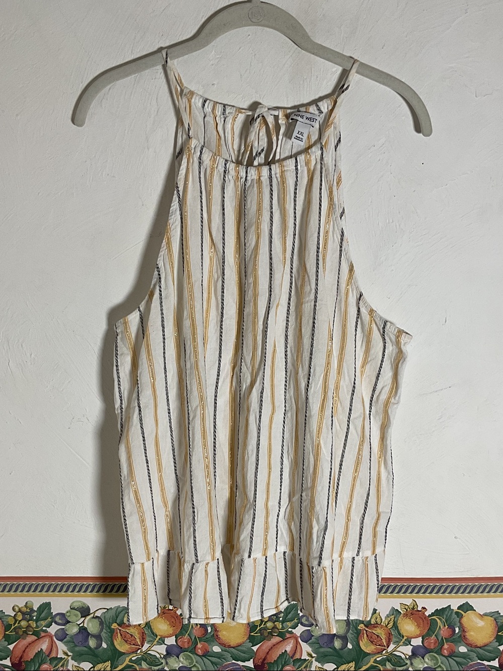 Nine West Metallic Gold Striped Halter Tank Top Ruffle Hem Size XXL